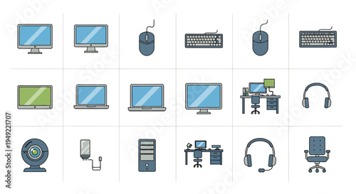 Flat design computer icons for digital technology, office, and home use