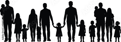 Large, family, silhouette, group, holding, hands, children, parents, babies, diverse, togetherness, unity, community, standing, row, people, vector, illustration, black, white,