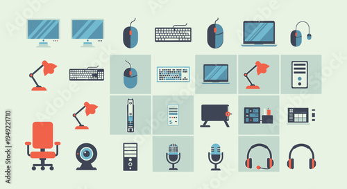 Modern flat design vector icons collection of computer hardware, office electronics, and digital devices for technology concepts and business interfaces