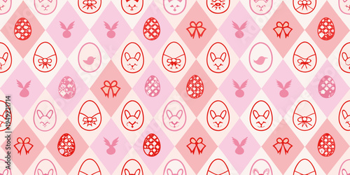 A repeating pattern of easter eggs bunnies birds and diamond shapes
