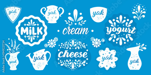 Hand drawn illustrations of dairy products with floral embellishments