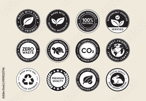 Eco Friendly Badge Sticker Set Vector Templates, Green Labels, Eco seals, Sustainable Icons for Environmental Messaging in Solid Black