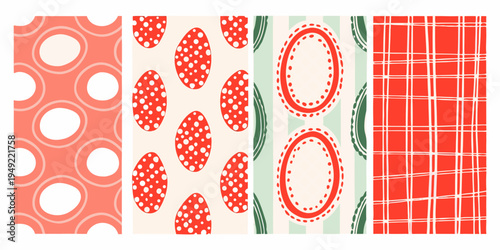 Four colorful patterned fabric swatches displayed in a vertical arrangement