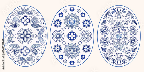 Three oval plates decorated with intricate blue and white patterns