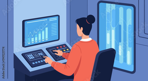 Woman Analyzing Data on Computer Screens.