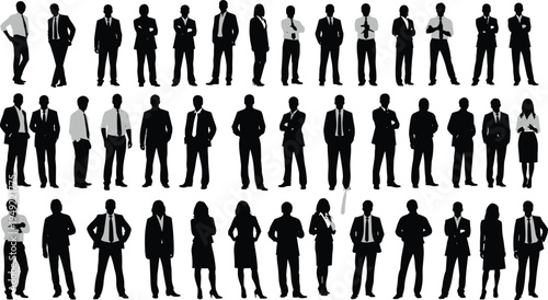 Large, collection, of, professional, business, people, silhouettes, in, suits, standing, in, rows, isolated, on, white, background, corporate, teamwork, diversity, group.