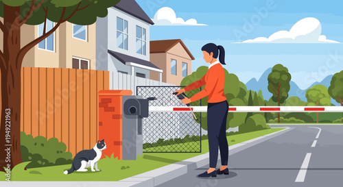 Woman Standing Near Cat by Mailbox on Suburban Street.