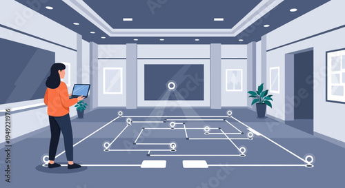 Woman Using Drone in Large Empty Room.