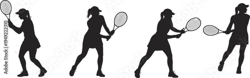 Set of female tennis player silhouettes in different action poses holding rackets isolated on white background for sports and fitness.