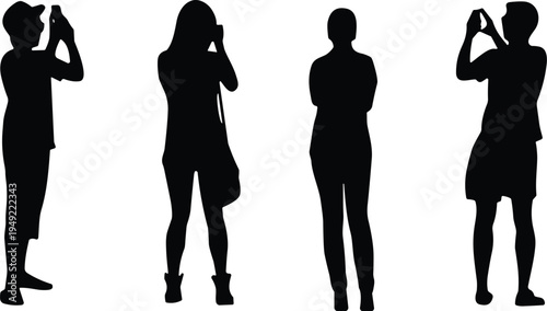 Set of four people silhouettes taking photos with smartphones and cameras, tourists and photographers in standing poses, isolated on white.