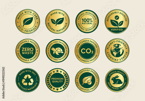 Eco Friendly Badge Sticker Set Vector Templates, Green Labels, Eco seals, Sustainable Icons for Environmental Messaging in Green & Gold