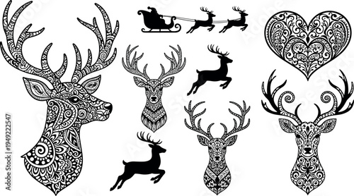 Ornamental Deer Stag Vector Set With Decorative Antlers Reindeer Sleigh Heart Pattern And Elegant Wildlife Silhouette Illustrations