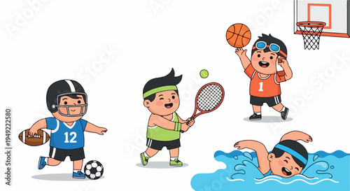kids playing various sports, football, tennis, basketball, swimming