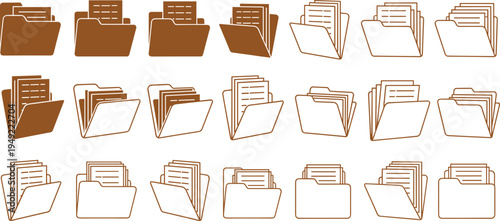 File Folder Icon Set with Document Folders and Office File Storage Symbols for Data Organization, Business Records, Archive Systems, and Digital File Management
