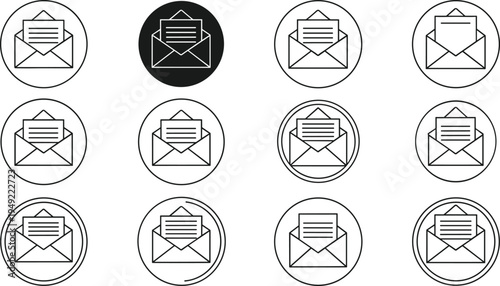 Email Envelope Outline Icon Set with Open Mail Letter Symbols for Messaging Apps, Email Communication, Inbox Notifications, and Digital Message Interface Design