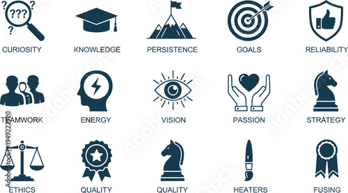Business Leadership And Core Values Icon Set Featuring Goals Teamwork Vision Ethics Quality Strategy And Reliability