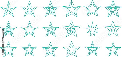 Hand Drawn Star Outline Icon Set Collection with Various Five Point Star Shapes for Ratings, Awards, Reviews, Decorative Symbols, and Graphic Design Elements