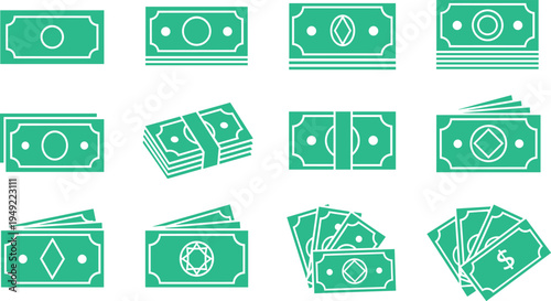 Money Banknote Icon Set with Cash Stacks, Paper Currency Bundles, and Dollar Bill Symbols for Finance, Banking, Business Payments, and Financial Design