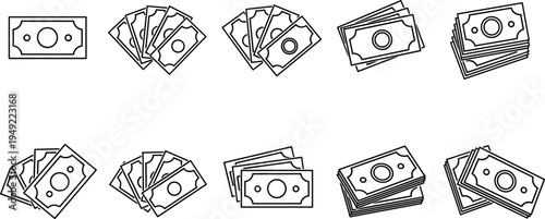 Money Cash Outline Icon Set with Dollar Banknotes, Stacked Bills, and Paper Currency Symbols for Finance, Banking, Business Payments, and Financial Graphics