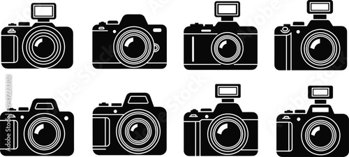Professional Camera Icon Set with DSLR and Digital Photography Equipment Symbols for Photo Studio, Media Production, Photographer Tools, and Creative Graphic Design