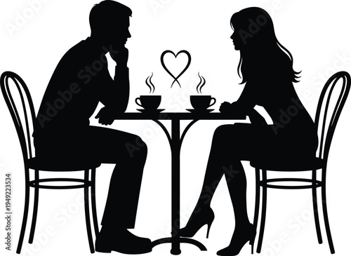 Romantic couple silhouette sitting at café table with steaming coffee cups forming heart shape, symbolizing dating, love, intimacy, and affection illustration