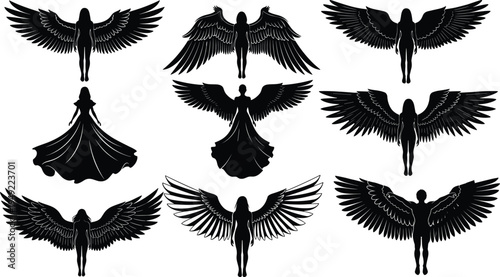 Silhouette vector illustration of nine winged female figures in diverse poses representing angelic beings, mythology, spirituality, divinity, and artistic symbolism