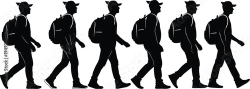 Silhouette vector illustration of six walking figures with backpack and cap showing continuous motion sequence representing travel, movement, lifestyle, and animation