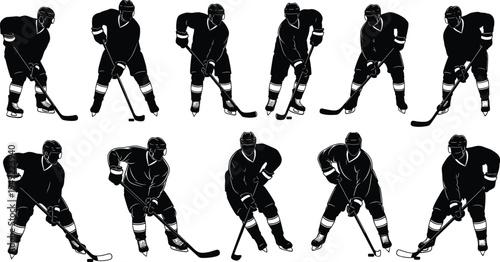 Silhouette vector illustration of ten ice hockey players in dynamic poses with sticks and gear representing sport, teamwork, energy, and competition