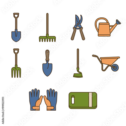 Garden tools icon set, flat design, colorful, gardening concept
