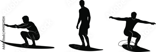 Silhouette vector illustration of three surfers in dynamic poses on surfboards with leashes representing surfing culture, ocean sport, lifestyle, and adventure