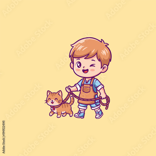 Boy Walking Cat on Leash Illustration