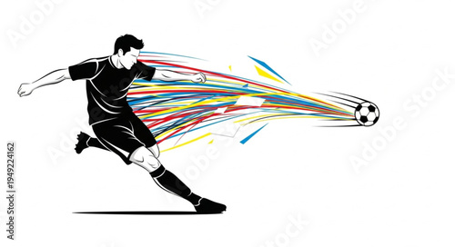 Soccer player kicking ball with colorful energy stream.