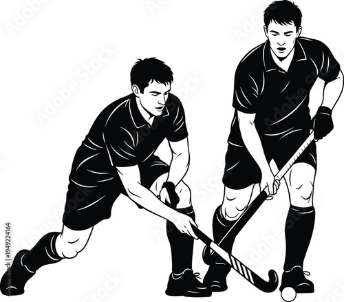 Silhouette vector illustration of two male field hockey players competing for ball with sticks representing teamwork, energy, sport, and competition