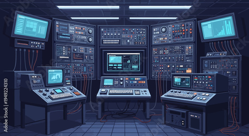 Control Room with Multiple Computer Monitors and Panels.