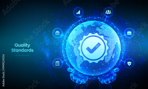 Quality. ISO standards, quality control, assurance, warranty. ISO certification and standardization concept. World map with point-line composition. Earth globe in wireframe hands. Vector illustration.