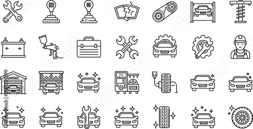 Automotive Service And Car Maintenance Line Icon Set Featuring Repair Tools Garage Tire Battery And Mechanic Symbols