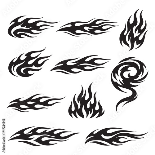 Flame silhouettes in classic 90s style, motorcycle 
and hot rod car style vector