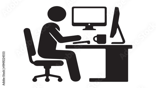 Man sitting at desk working on dual monitor setup, home office workstation silhouette.