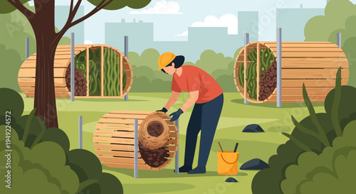 Gardener Tending Compost Bin in Garden.