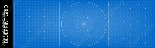 Square blueprint bg with circular millimeter compass and isometric guides. Radial ruler math grid, architectural plan template texture. Geometric abstract drawing with degree marks, tech floor plan