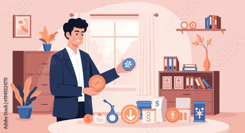 Man holding Bitcoin and cryptocurrency coins.