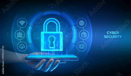 Cyber security app for smartphone protection. Network safety. Padlock with keyhole. Secure internet connection, vpn, encryption. Personal data protection. Smartphone in hand. Vector illustration.