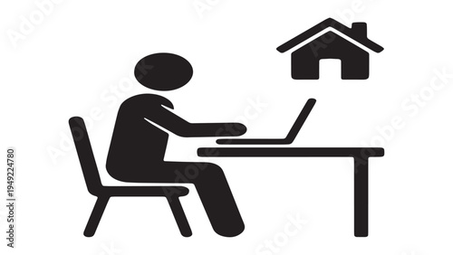 Remote work icon concept, man sitting at desk with laptop and house symbol, home office work silhouette, digital nomad flat vector illustration.
