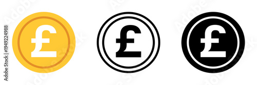 ポンドコインアイコンセット 英国通貨£の硬貨 フラット・線画・シルエット金融シンボルベクター素材 / Pound coin icon set UK currency pound sterling money vector

