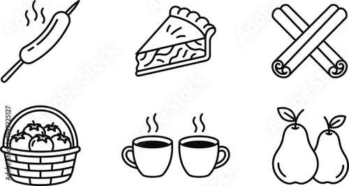 Bakery and breakfast food outline icons set with cake coffee cinnamon rolls pears basket and sausage vector illustration collection