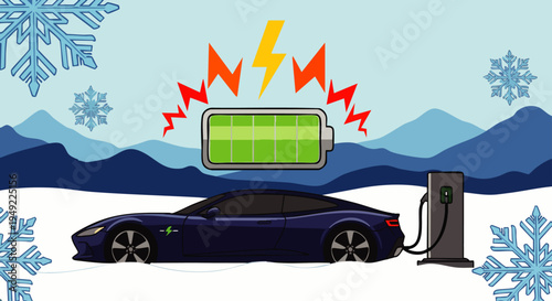 Electric car charging in winter with battery indicator and snowflakes, symbolizing cold weather impact on EVs