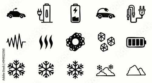 Electric car charging station icons, battery, snowflake, snow, mountain, waveform, steam, and atom symbols