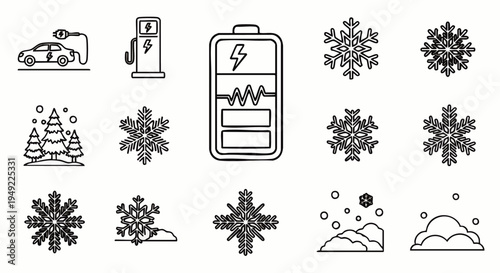 Modern Electric Vehicle Charging and Winter Snowflakes Line Art Icons. Sustainable Energy and Cold Season Symbols.