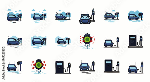 Set of electric car charging icons depicting sustainable transport, EV technology, green energy solutions, and modern eco-friendly lifestyle.