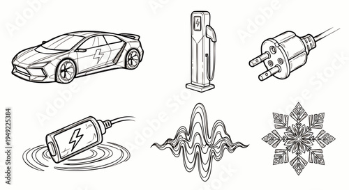Electric vehicle and sustainable energy technology line art icons. EV car, charging station, power plug, wireless charger, and abstract energy waves for modern concepts.